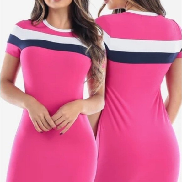 Pink Striped Bodycon Dress M - Picture 1 of 7